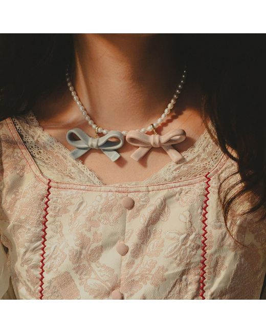 H2 Studio Blue Bowtie Maniac Medium Ribbon Bowtie Round Freshwater Pearl Necklaces Forget Me Not
