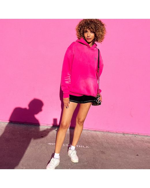 X Ilona Blue Pink Graffiti Teddy Bear Sun Fade Wash Cotton Fleece Fuchsia Hoodie