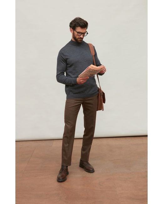 Paul James Knitwear Blue Extra Fine Merino Wool Mock Turtleneck Shaw Jumper for men