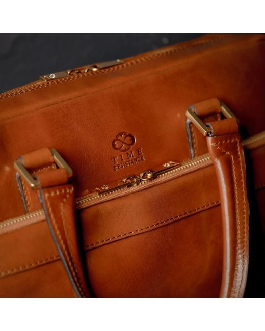 Time Resistance Brown Cognac Leather Briefcase Laptop Bag