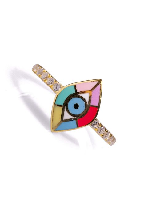 Ebru Jewelry Red Minimalist Colorful Enamel Evil Eye Diamond Band Cocktail Ring