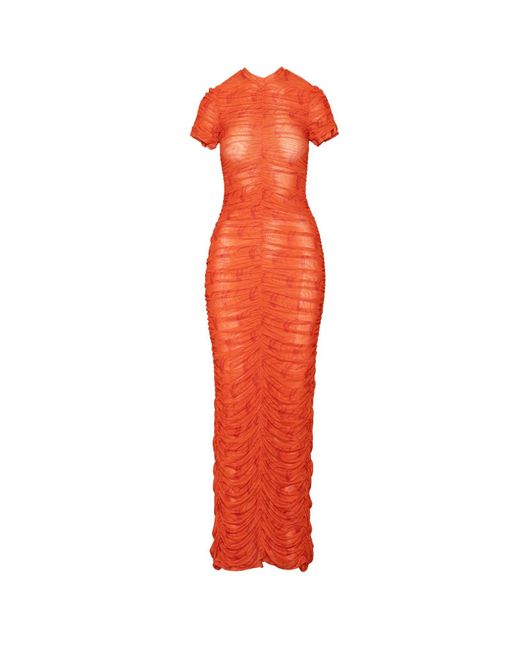 Ofuure Red Iza Ruched Maxi Mesh Dress