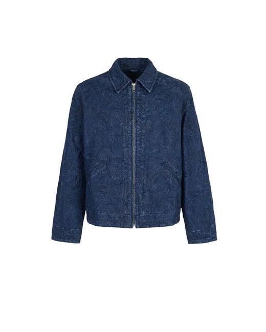 Modenaire Blue Textured Zip Jacket With Point Collar Tonal Pattern for men