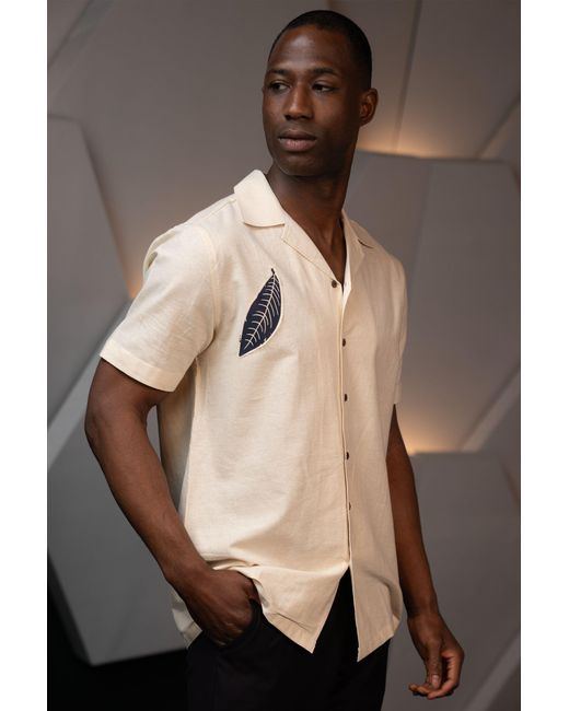 Stovaria Natural Camp Collar Half Sleeve Organic Cotton Shirt With Leaf Appliqué for men
