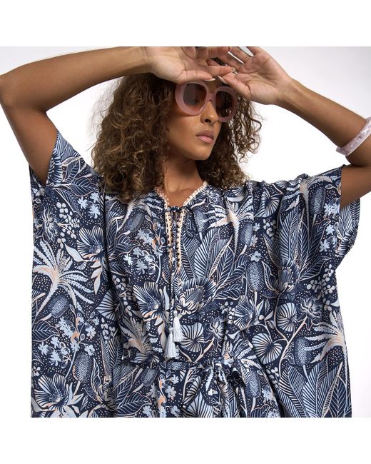 Lalipop Design Blue Floral Print Jumpsuit With Fluttering Cape Sleeves