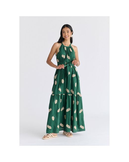 Paisie Green Leaf Embroidered Halterneck Maxi Dress