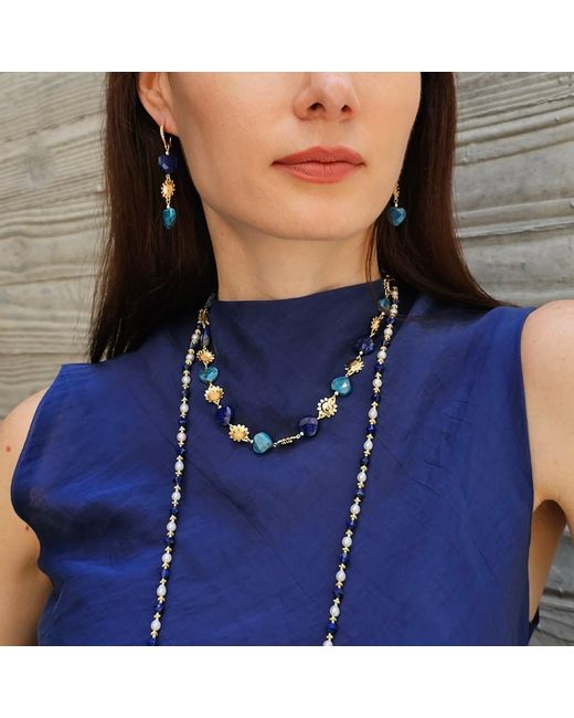 Farra Blue Heart-Shaped Lapis And Apatite Flower Dangle Earrings