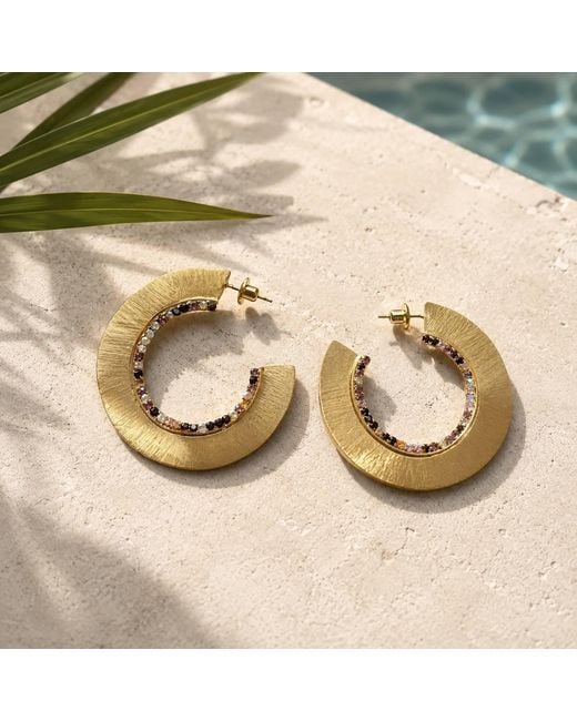 Rare Matters Jewelry Metallic Brushed Metal Hoop Statement Earrings With Color Rhinestones