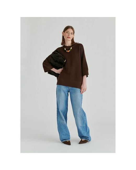 Paisie Brown Mock Neck Cropped Sleeve Ribbed Jumper