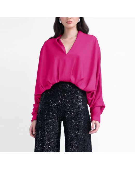 BLUZAT Pink Fuchsia Blouse With Draped Sleeves And V-Neck