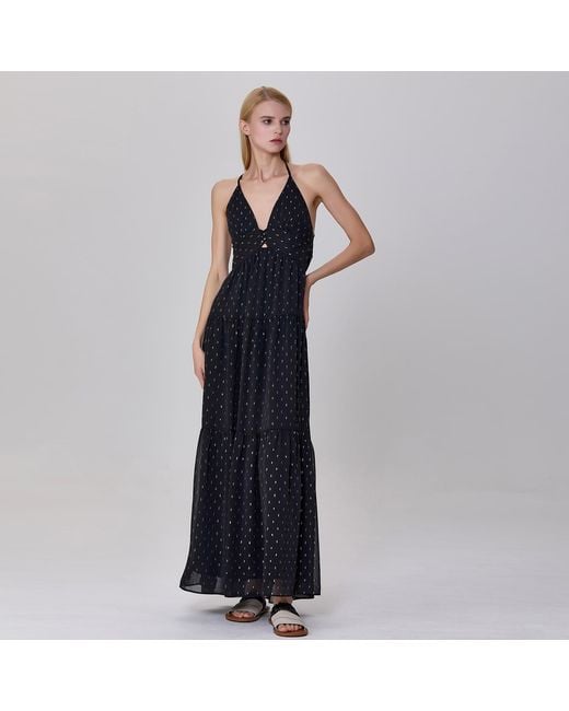 Smart and Joy Black Tiered Panels Backless Strappy Maxi Dress