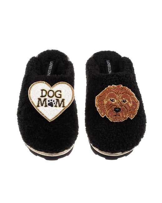 Laines London Black Teddy Closed Toe Slippers With Dog Mum Mom & Apricot Cockapoo Brooches