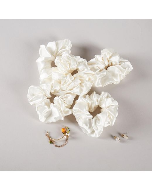 Soft Strokes Silk White Pure Mulberry Silk French Scrunchie Set Of Five