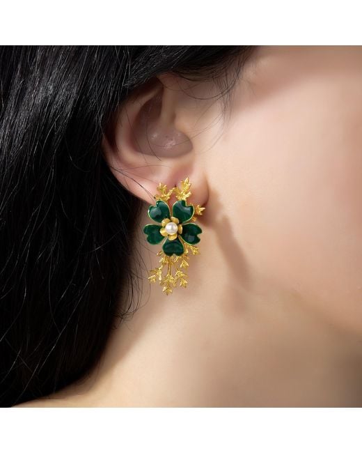 Milou Jewelry Green Dark Flower Earrings With Branches