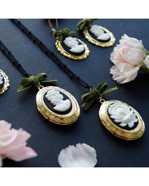 POPORCELAIN Metallic Dark Romance Goddess Oval Porcelain Cameo Locket Necklace
