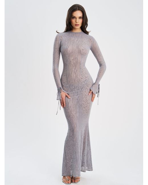 Miss Circle New York Gray Waylynn Animal Print Burnout Velvet Detail Mesh Backless Maxi Dress
