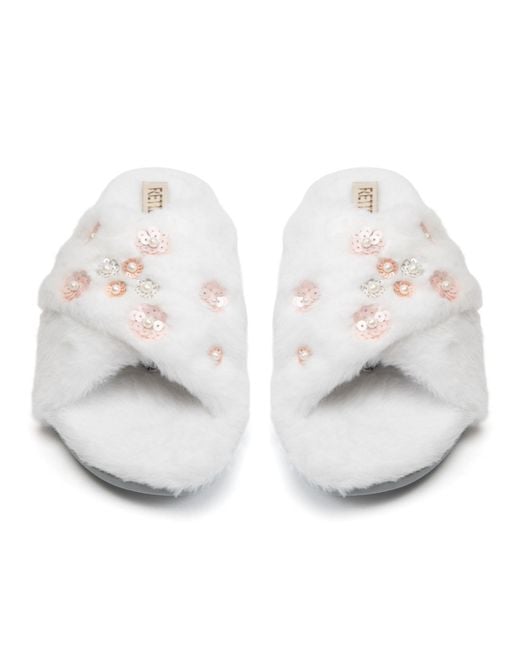 Rettrose White Kinsley Luxury Plush Diamanté Embellished Handmade Slipper
