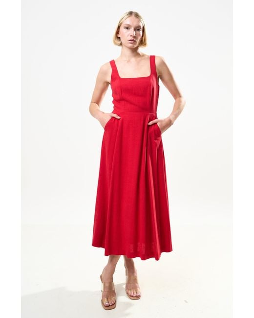 Louche Red Baya Linen Mix Square Neck Midi Dress
