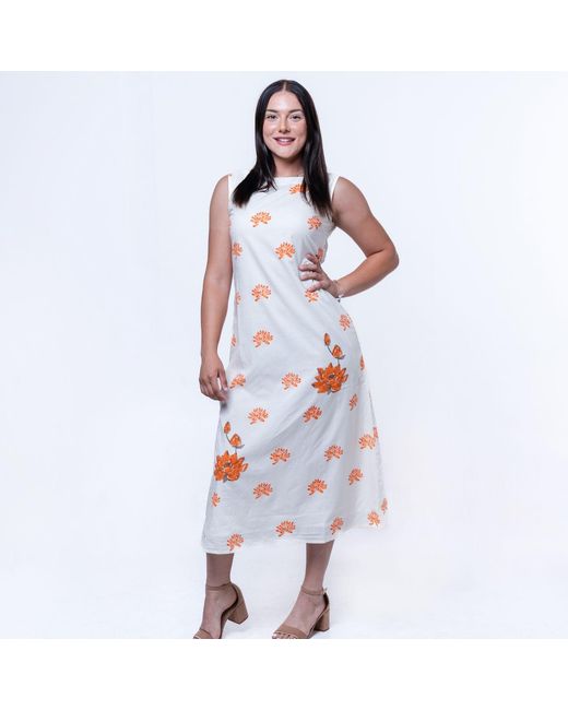 House of Gl Pink Neutrals Solene Hand-Block Printed Cotton Boat Neck A-Line Midi Dress