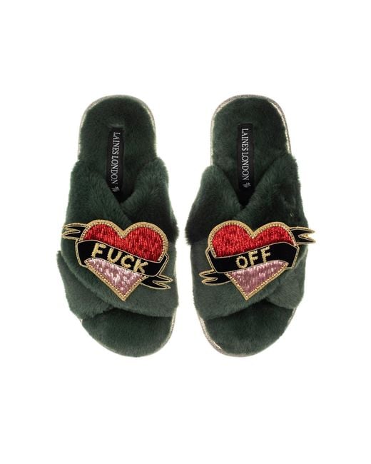Laines London Green Classic Laines Slippers With Fuck Off Brooches