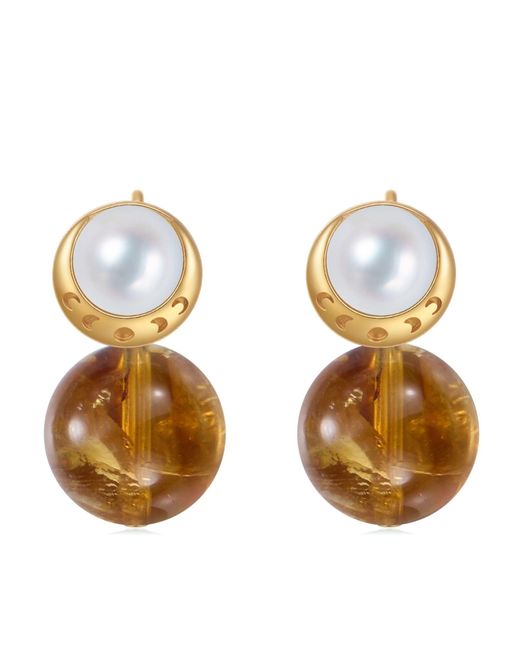 Aurozia Blue Starry Moon Lunar Phase Vermeil Aquamarine Pearl & Moon Crystal Stud Earrings