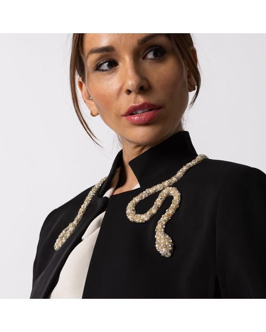 House of Laines London Black Laines Couture Tailored Cape With Embellished Crystal & Pearl Wrap Around Snake