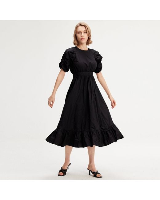 Smart and Joy Black Trapeze Dress With Puffed Sleeves
