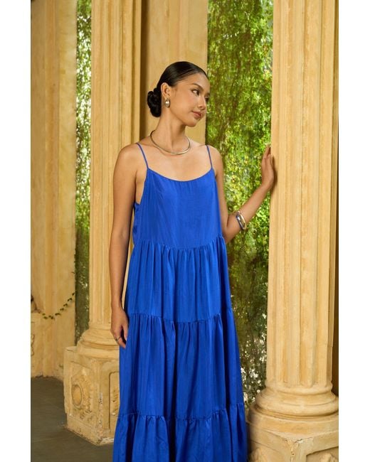 Silk and Bears Blue Valentina Royal 100% Silk Tiered Maxi Dress — Habotai Silk