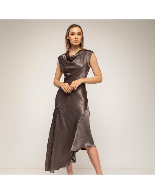 Tantra Spain Sl Brown Midi Dress With A Silk-Textured Boat Neckline And An Asymmetrical Hem