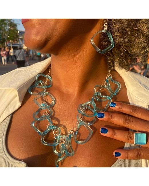 Smart Glass Jewelry Blue Recycled Gin Bottle Large Ruffle Statement Necklace Sterling