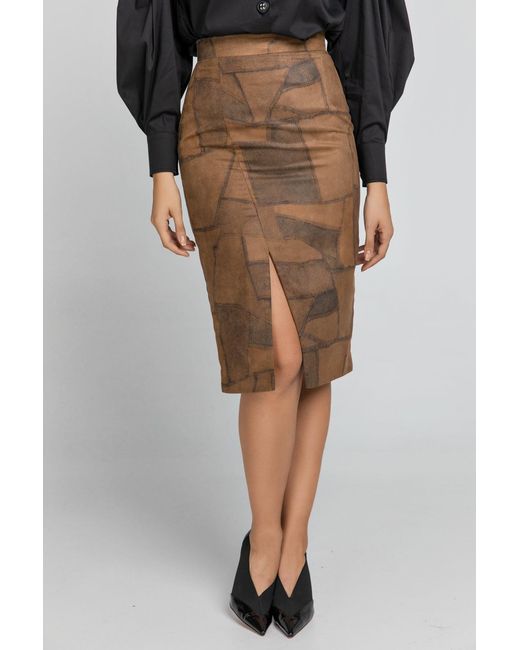 Conquista Brown Camel Patchwork Pencil Skirt