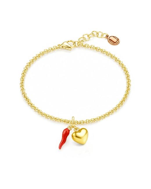 Unaloe Metallic Vermeil Cornicello & Heart Charm Bracelet – Enamel Italian Good Luck Jewelry, Handmade Lucky Talisman