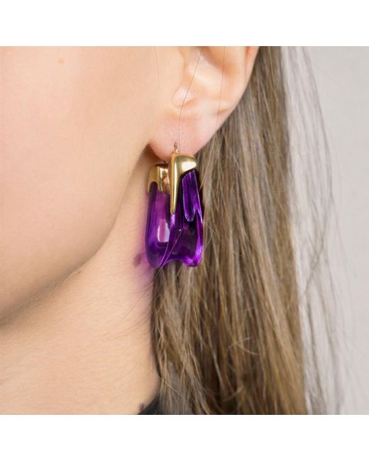 Gold & Honey Purple Amethyst Sculpted U Lucite Birthstone Hoop Earrings