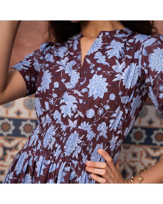 Echo of Pink Blue Evelyn Hand Block Print Maxi Cotton Tiered Dress