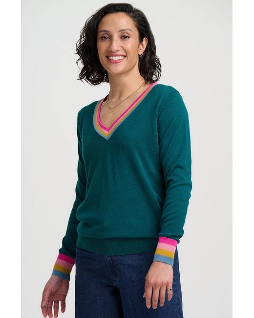 Sugarhill Green Doris V-Neck Sweater Stripe