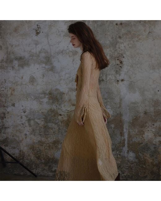 Belsize25 Natural Neutrals Trumpet Dress Flared Sleeve Knit Lace Sheer Tie Dress