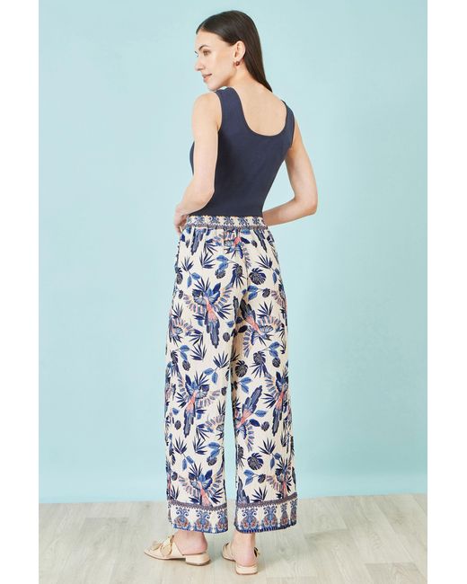 Yumi' Blue Bird Print Viscose Wide Leg Trousers