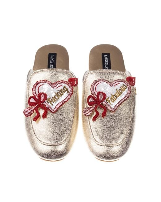 Laines London Pink Classic Mules With Fucking Fabulous Hearts Brooches