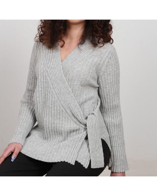 Nuvv Collection Gray Side-Tie Wool Knit Sweater V Neck Italian Yarn