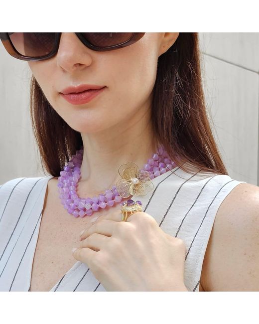 Farra Purple Multi-Layers Jade With Flower Charm Necklace