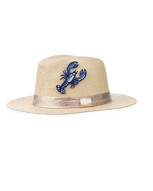 Laines London White Neutrals Straw Woven Hat With Embellished Mediterranean Lobster Brooch