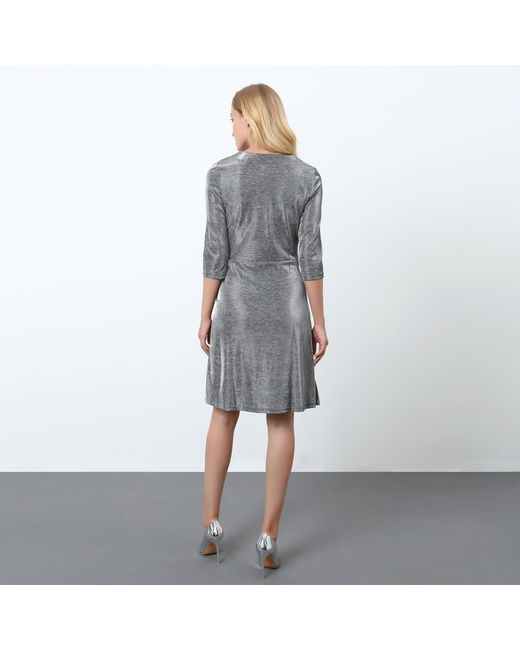 Smart and Joy Gray Cross-Heart Fit-And-Flare Tiered Ruffle Shiny Dress