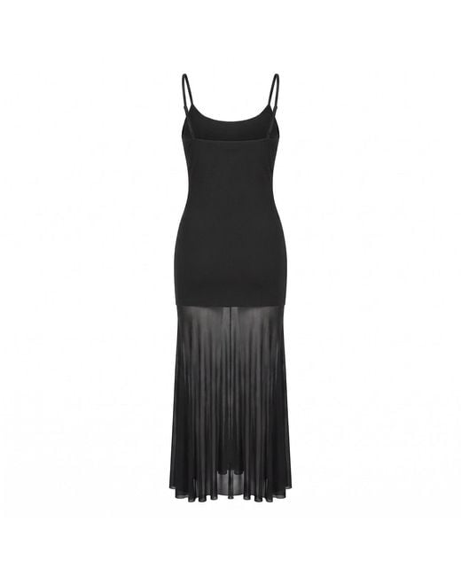 Modenaire Black Sheer Mesh Maxi Dress With Spaghetti Straps & A Fitted Silhouette