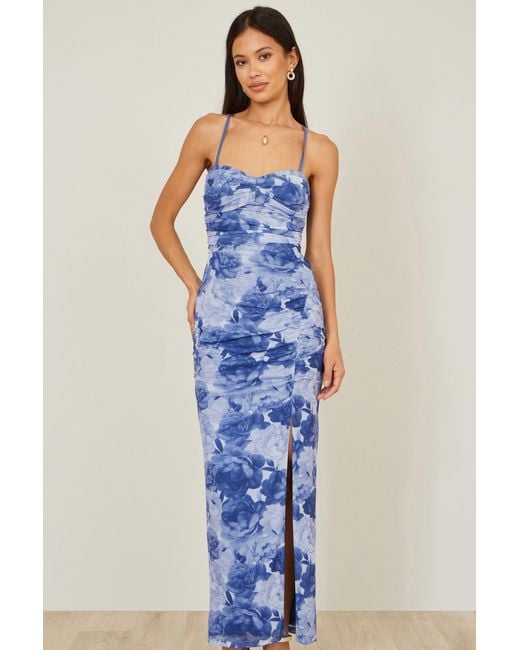 Yumi' Blue Mesh Ruched Midi Dress With Split