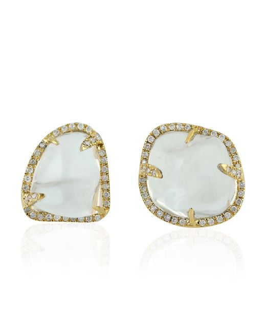 Artisan Metallic Yellow Gold Natural Diamond Designer Stud Earrings White Opal Jewelry