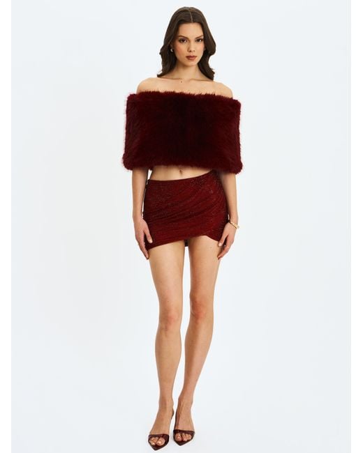 Miss Circle New York Red Darla Burgundy Faux Fur Off-Shoulder Cropped Top