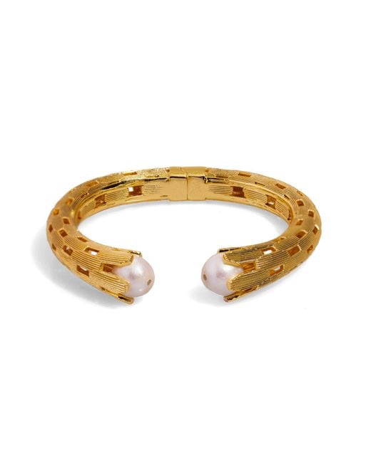 Ebru Jewelry Metallic Cleopatra & Pearl Chunky Cuff Design Bracelet