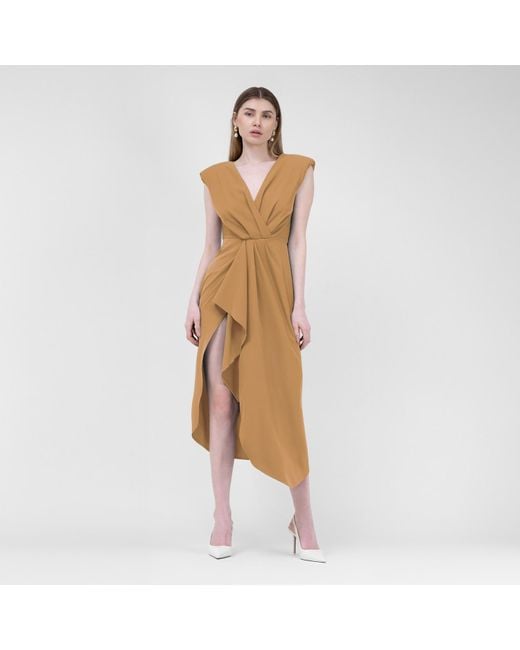 BLUZAT Brown Camel Midi Dress With Draping And Pleats