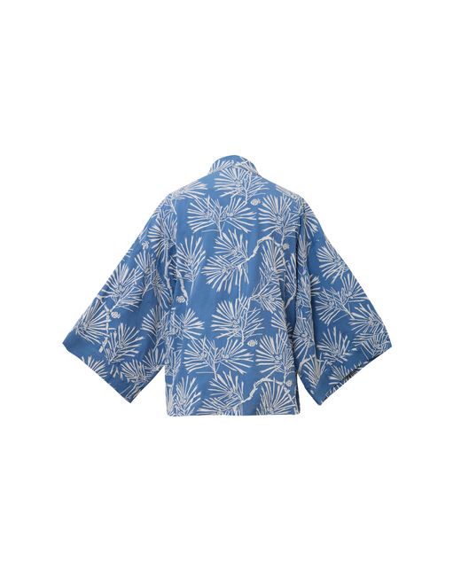 Artemis Muse Blue Ivory Embroidered Japanese Pine Needles Short Fully Lined Kimono