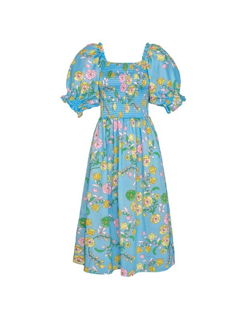 Jessie Zhao New York Cotton Garden Party Blue Smocked Midi Dress | Lyst UK
